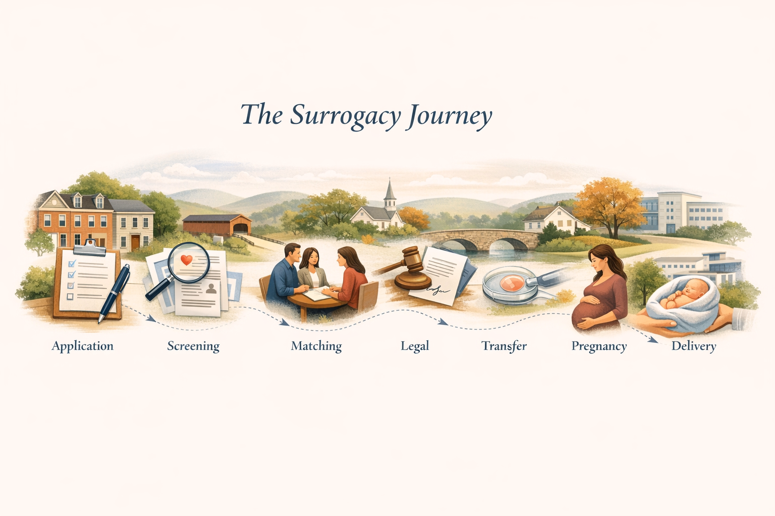 Planning-style visual showing the surrogacy process steps in Pennsylvania from application through delivery