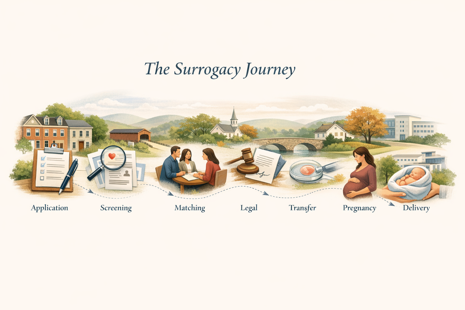 Pennsylvania Surrogacy Process Planning-style visual showing the surrogacy process steps in Pennsylvania from application through delivery