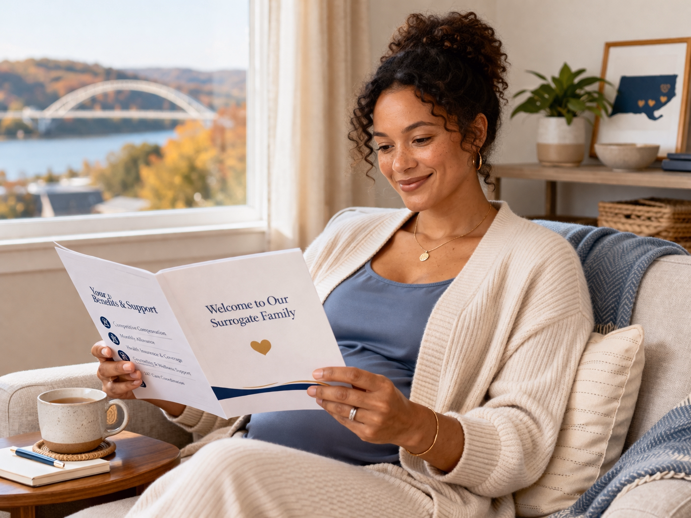 Confident woman reviewing compensation and support documents for surrogacy in Pennsylvania