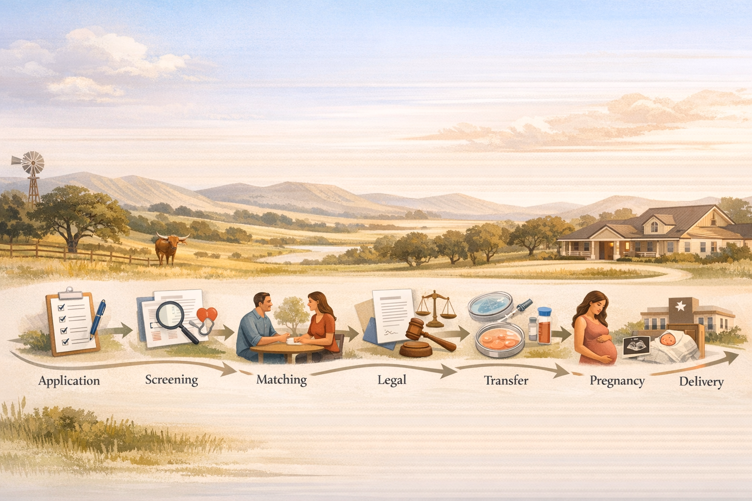 Planning-style visual showing the surrogacy process steps in Texas from application through delivery