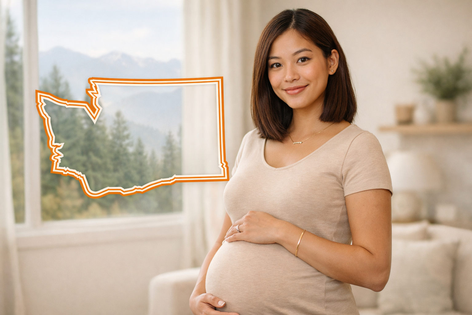 Become a Surrogate in Washington Pregnant woman in a bright home setting with a subtle Washington outline for the Washington Surrogate page