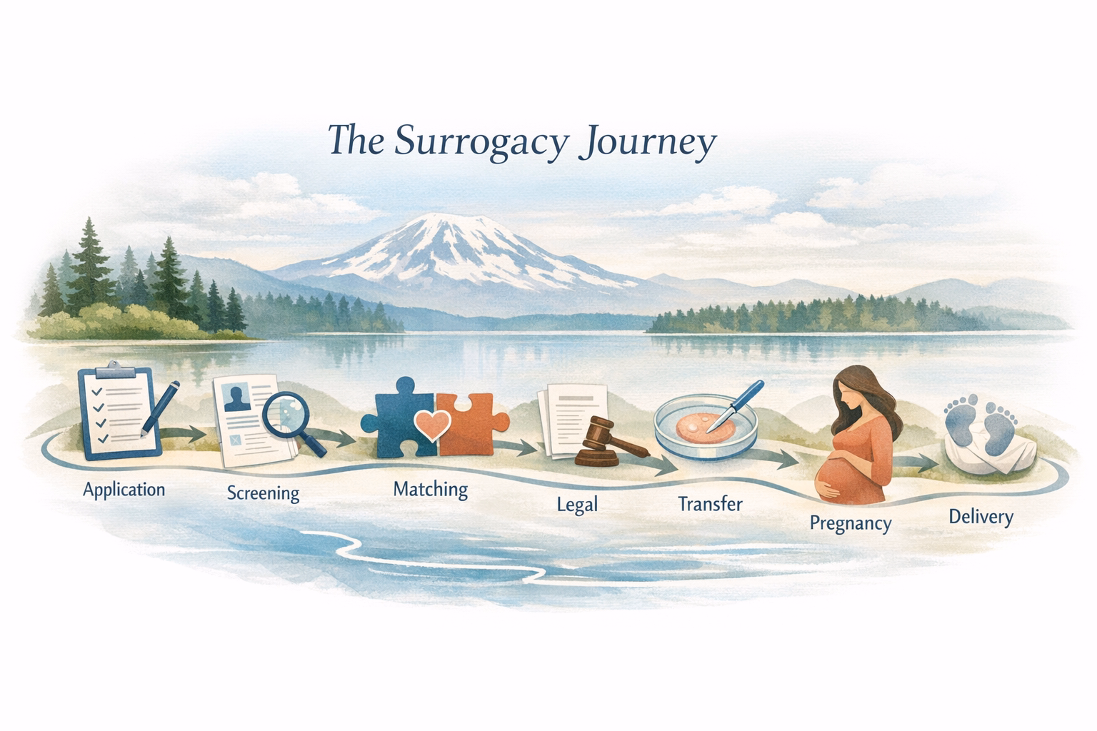 Planning-style visual showing the surrogacy process steps in Washington from application through delivery