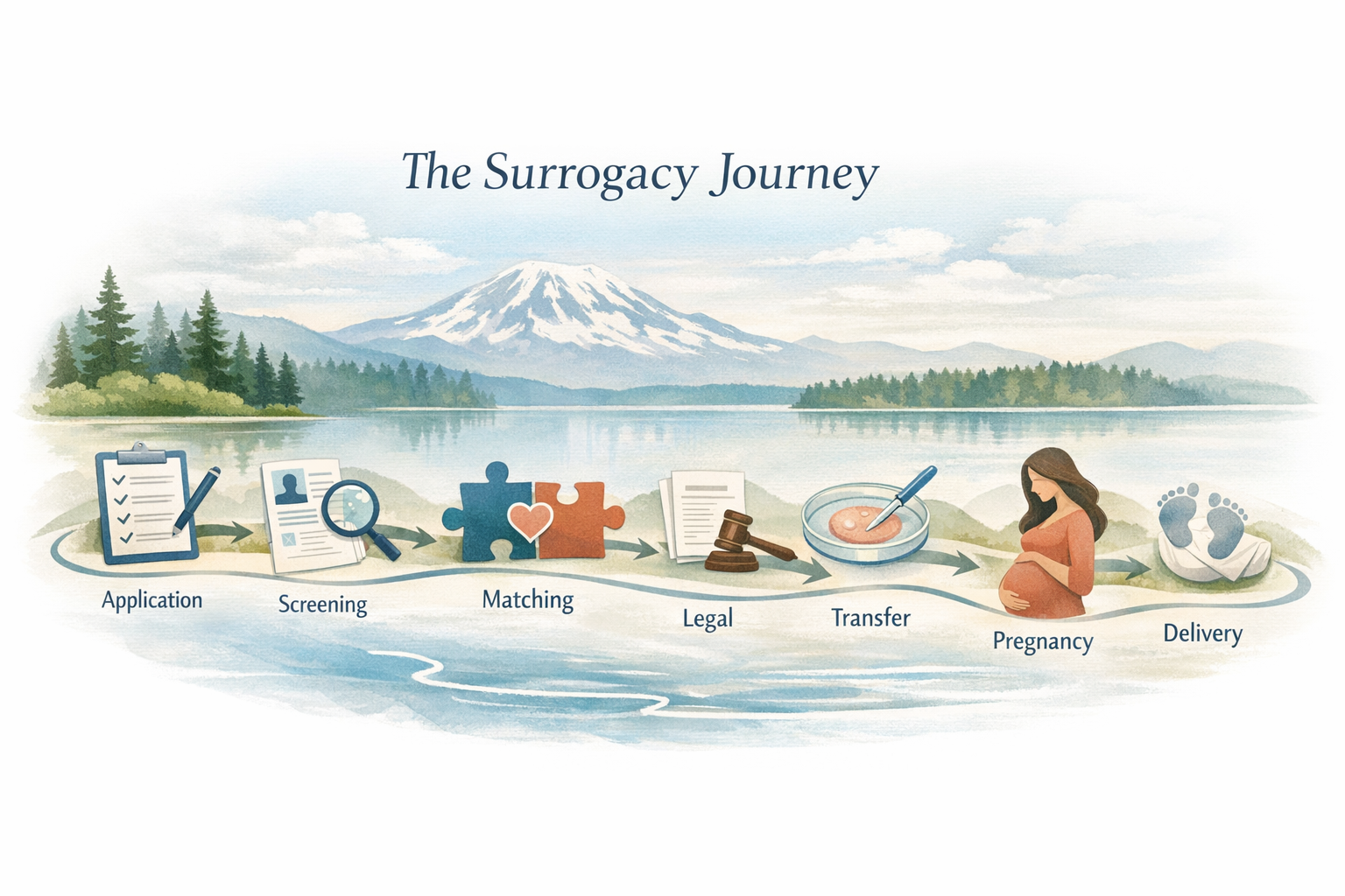 Washington Surrogacy Process Planning-style visual showing the surrogacy process steps in Washington from application through delivery