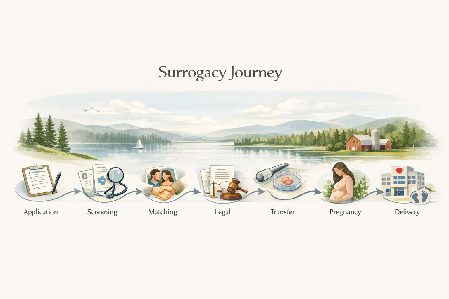 Planning-style visual showing the surrogacy journey steps in Wisconsin from application through delivery