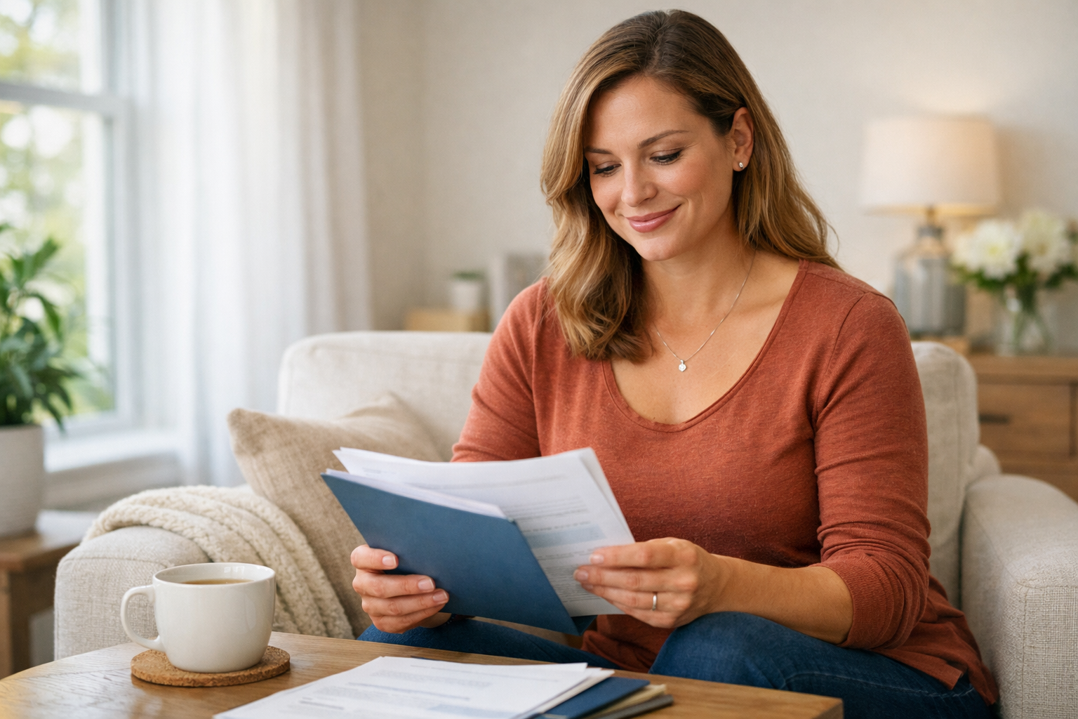 Confident woman reviewing compensation and support documents for surrogacy in Wisconsin