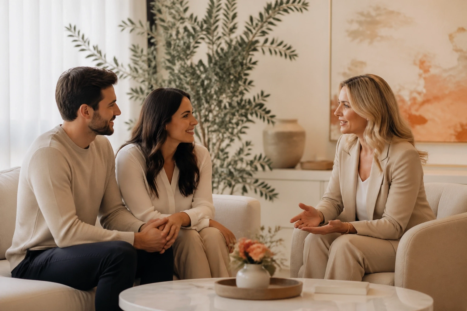 Surrogacy advisor meeting with Intended Parents in a warm consultation setting.