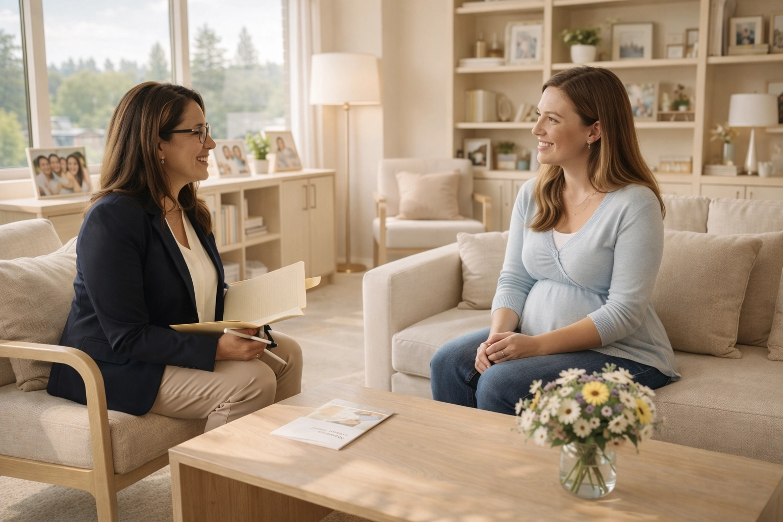 Surrogate meeting with a surrogacy coordinator while comparing agency options