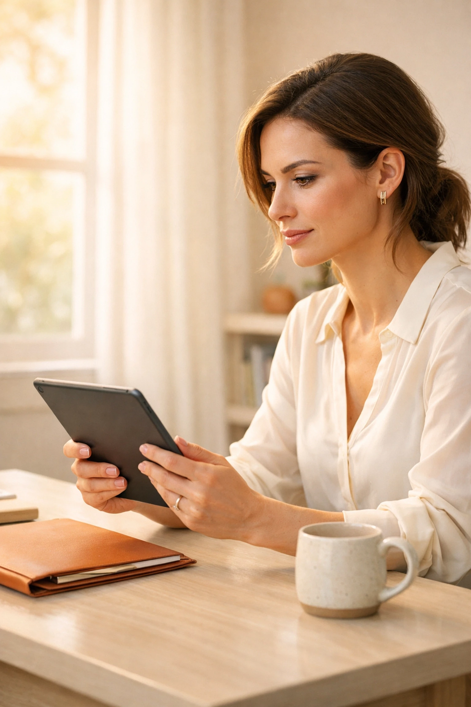 Surrogate reviewing surrogacy agency information on a tablet at home