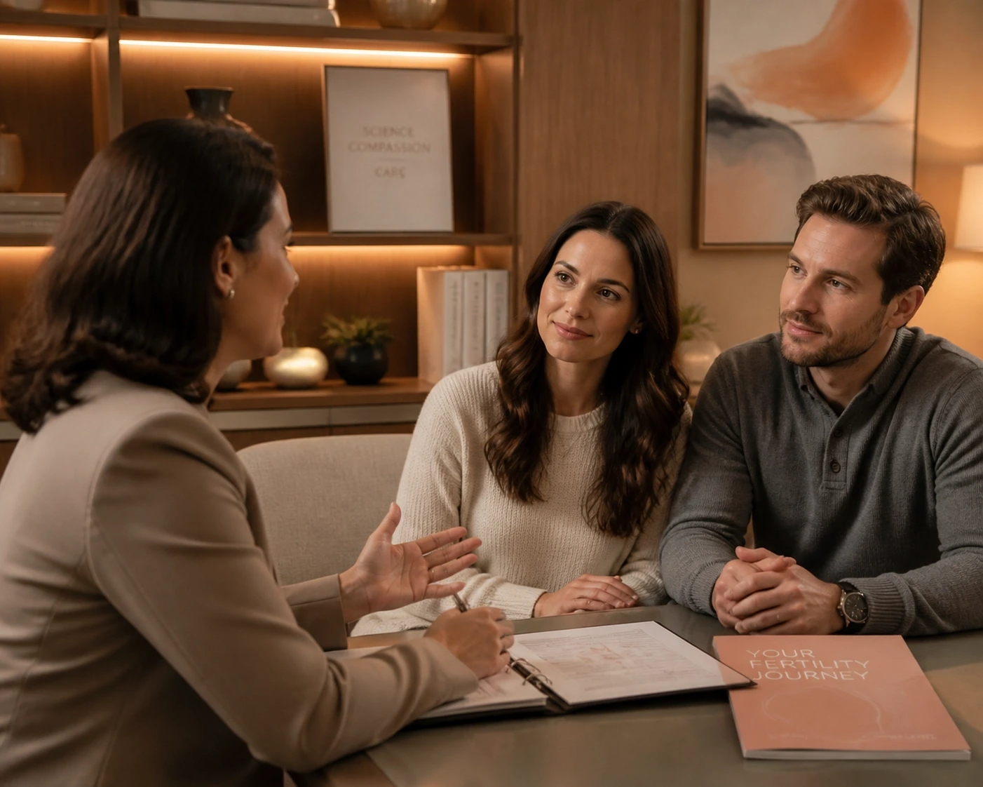 Intended Parents discuss embryo transfer policy and Surrogate protection during a surrogacy consultation.