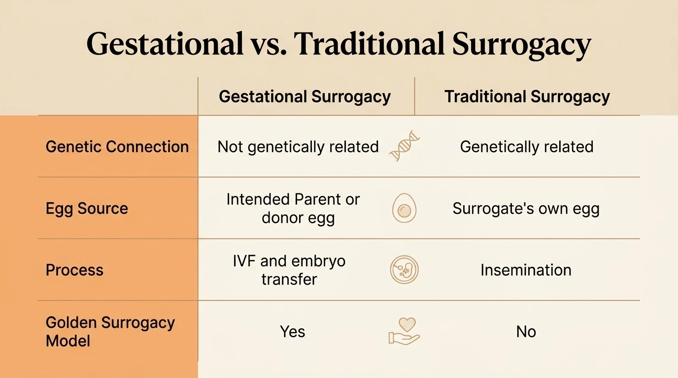 Comparison graphic showing the differences between gestational and traditional surrogacy, including genetic connection, egg source, process, and Golden Surrogacy’s model.