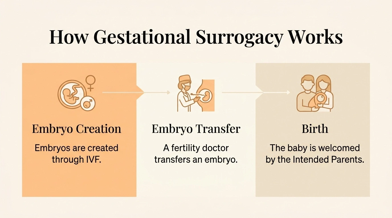 Three-step graphic showing how gestational surrogacy works through embryo creation, embryo transfer, and birth.