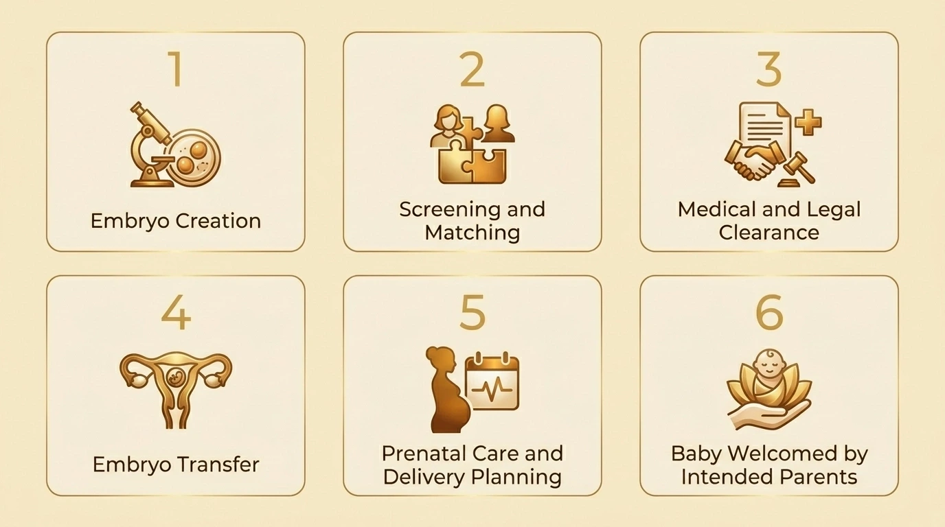 Six-step infographic showing how a Surrogacy Journey works, from embryo creation and matching through delivery planning and baby welcomed by Intended Parents.