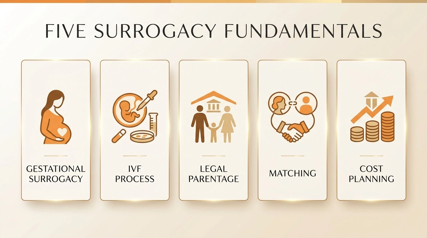 Infographic highlighting five surrogacy fundamentals: gestational surrogacy, IVF process, legal parentage, matching, and cost planning.