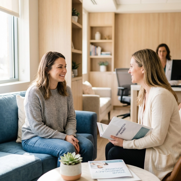 Prospective Surrogate meeting with a surrogacy agency professional about screening requirements.