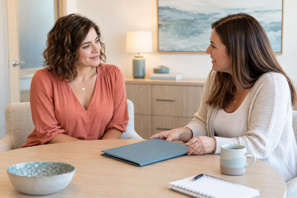 A woman discusses a benefits folder with a coordinator at an office table.