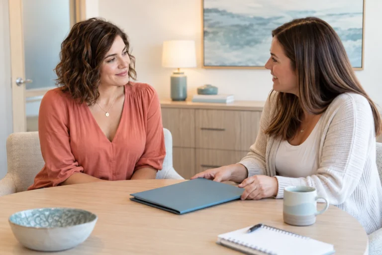 A woman discusses a benefits folder with a coordinator at an office table.
