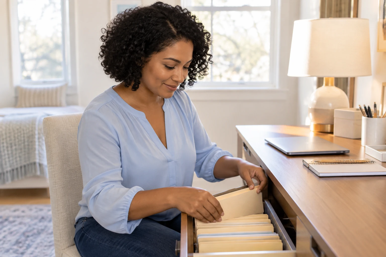 A woman organizes plain folders in a drawer at her home desk.