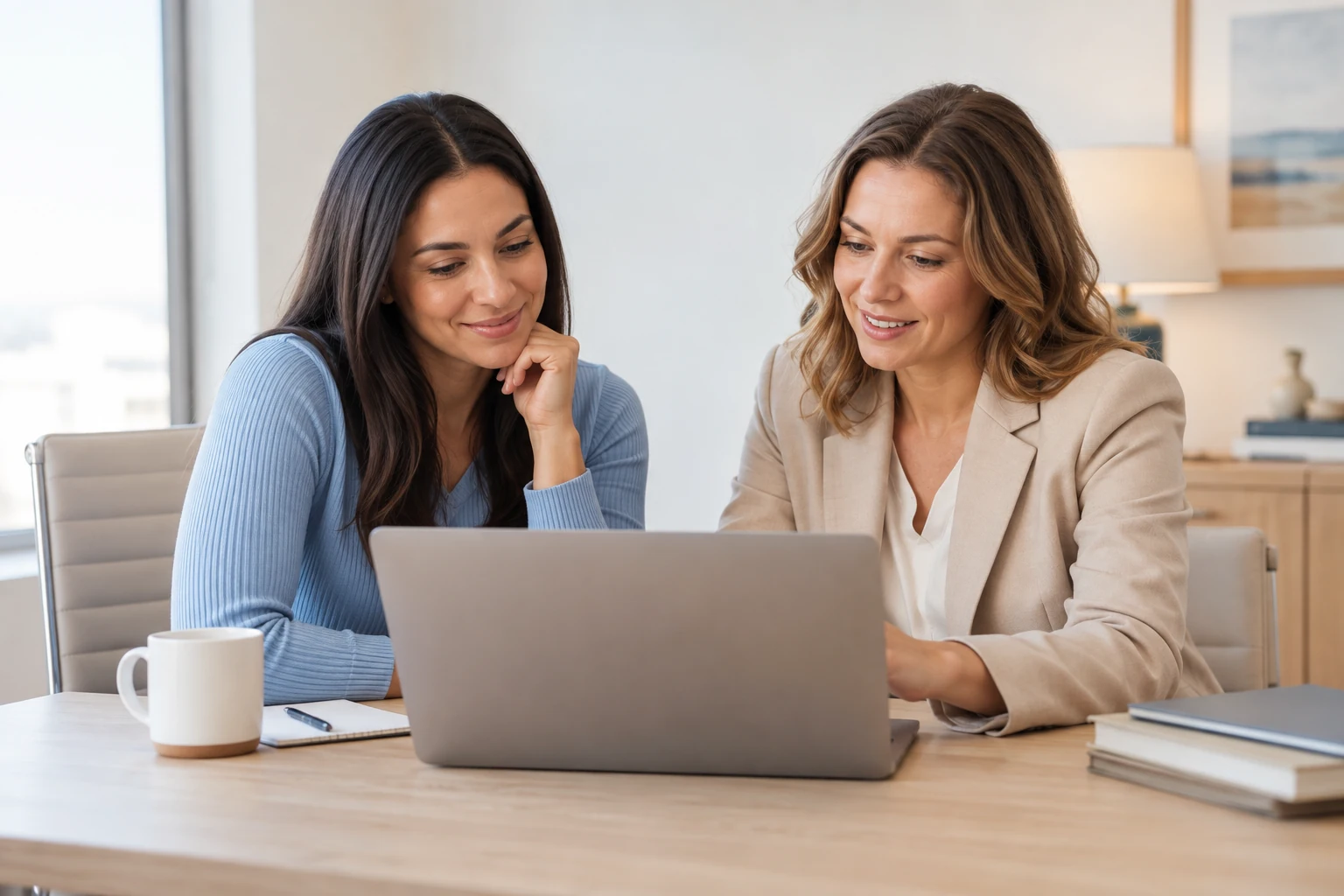 A woman and professional review information together on a laptop.