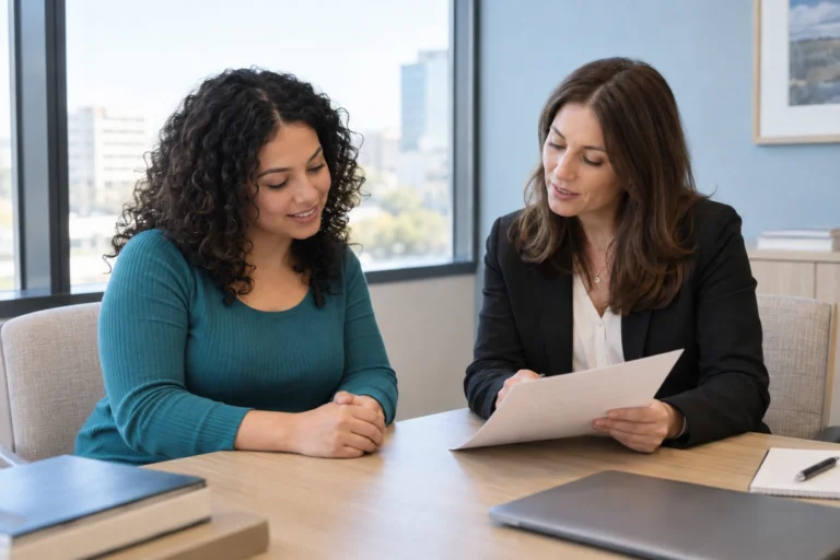 A woman reviews a document with an attorney beside a bright office window.