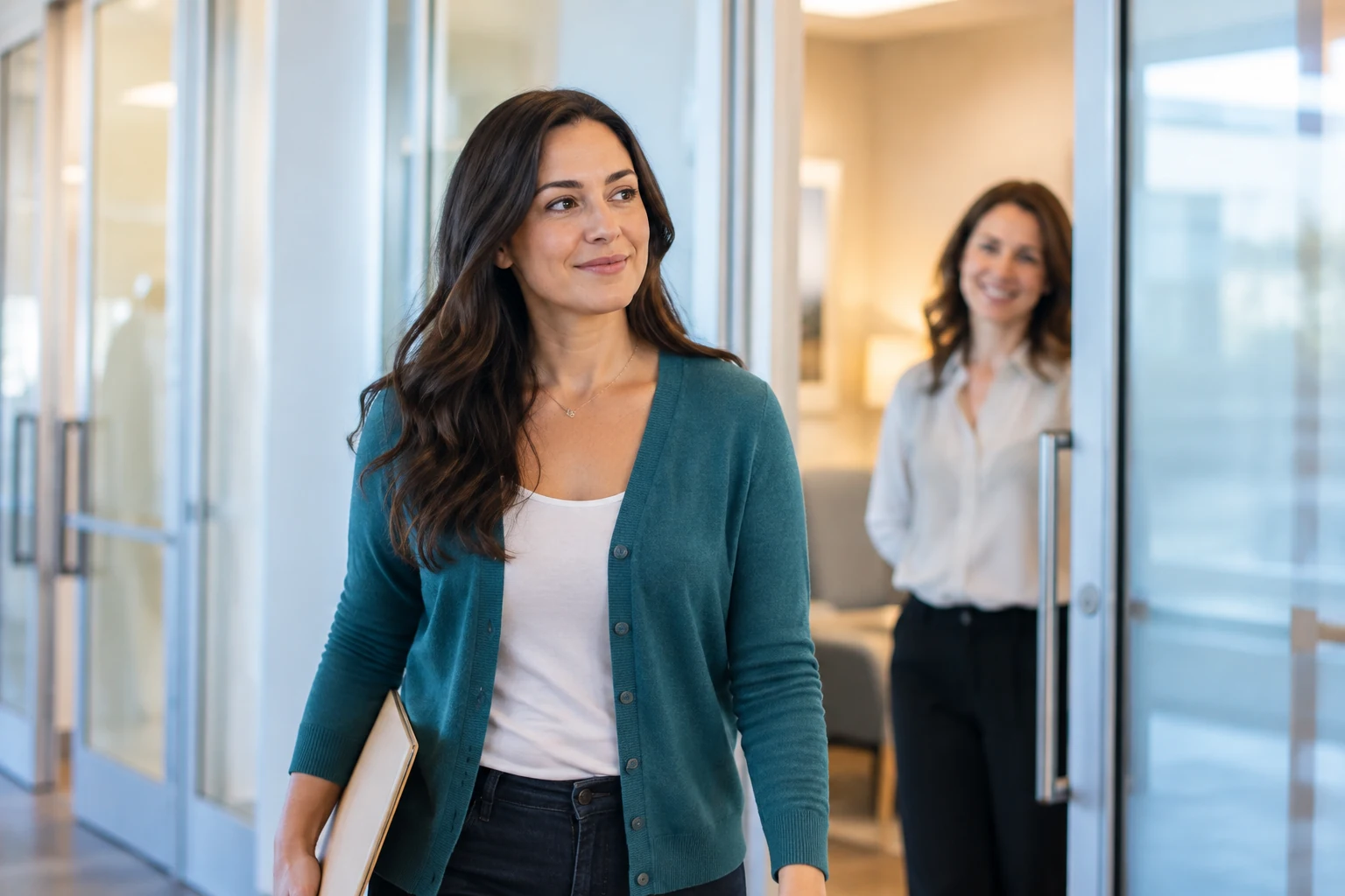 A woman holds a folder while walking through an office corridor.