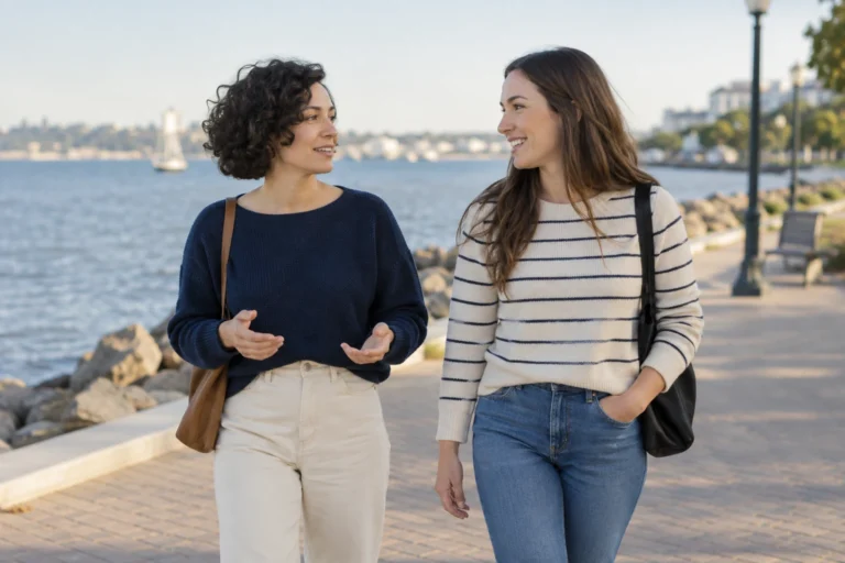 Two women talk while walking beside each other on a waterfront path.
