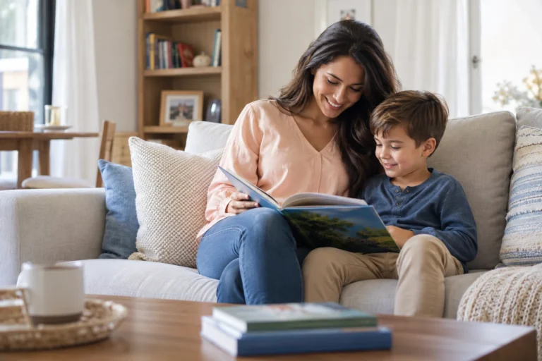 A mother and son share a book on a sofa in their family room.