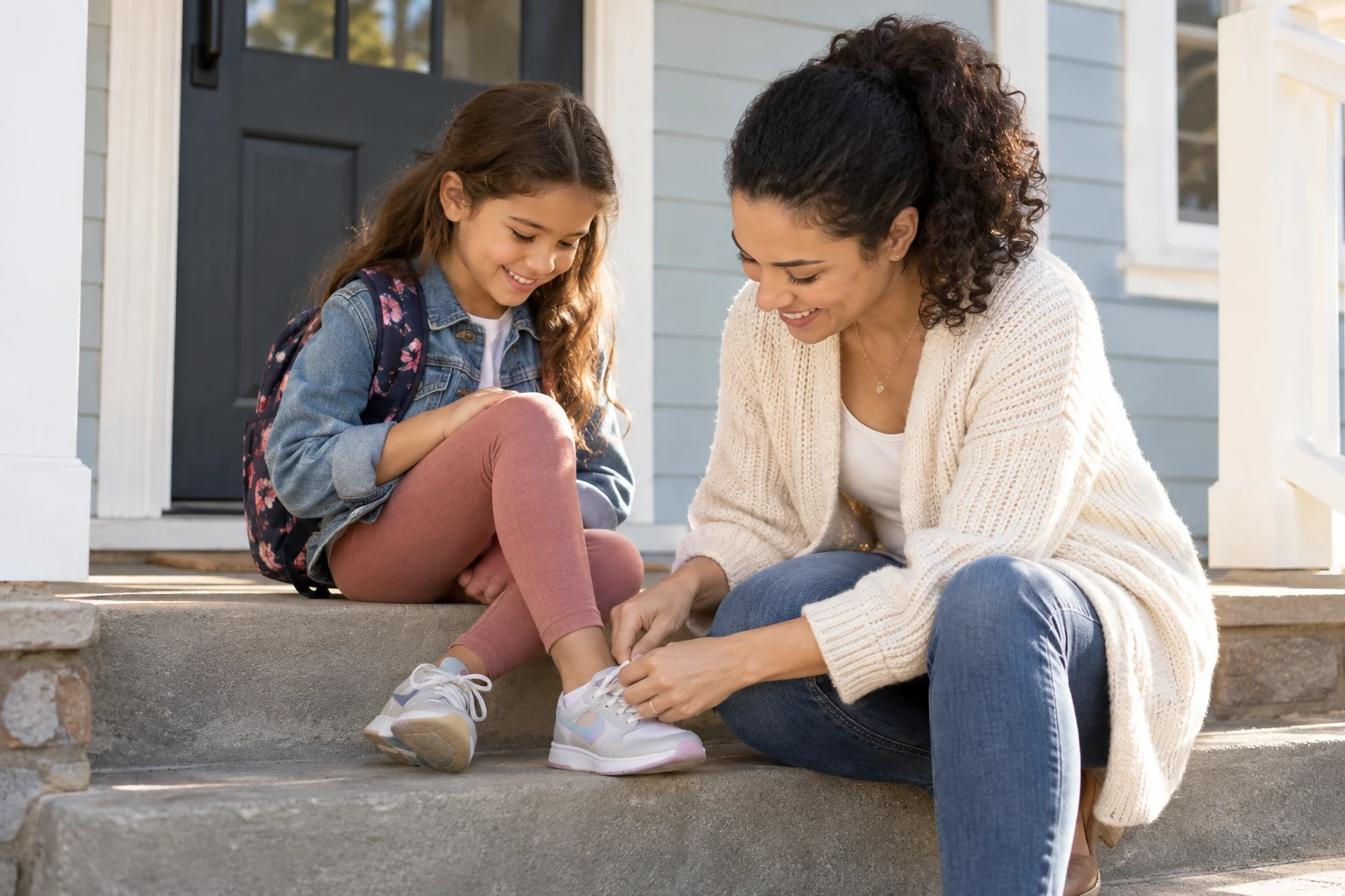 A mother helps her daughter tie a sneaker on their front step.