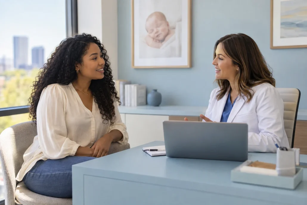 A woman and clinician discuss an appointment at a light-blue consultation desk.