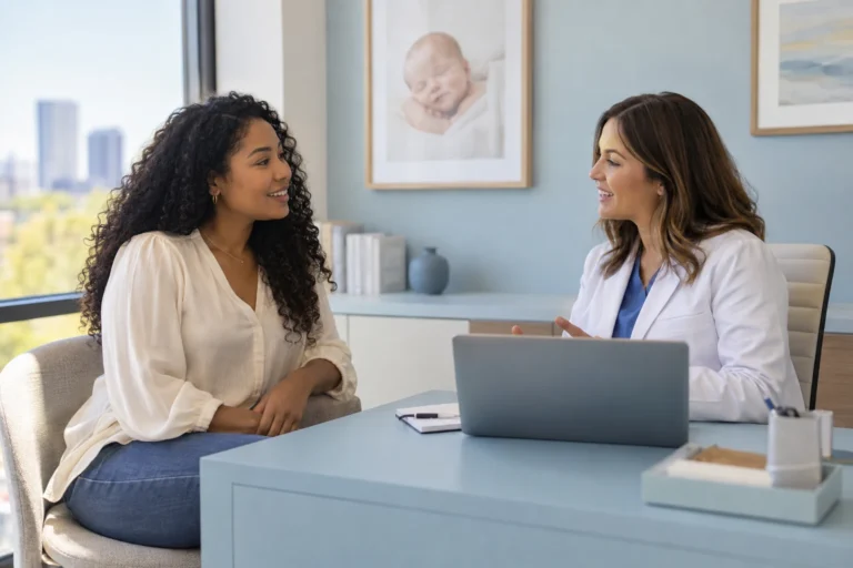 A woman and clinician discuss an appointment at a light-blue consultation desk.