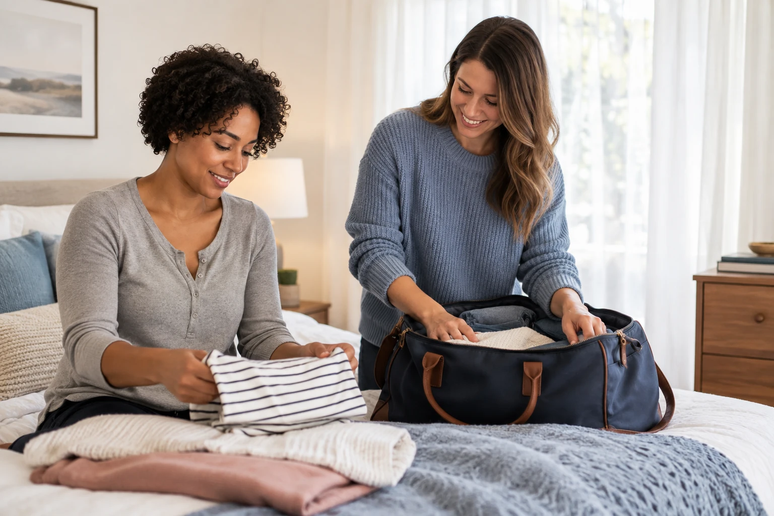 A couple packs a small travel bag together in a bright bedroom.