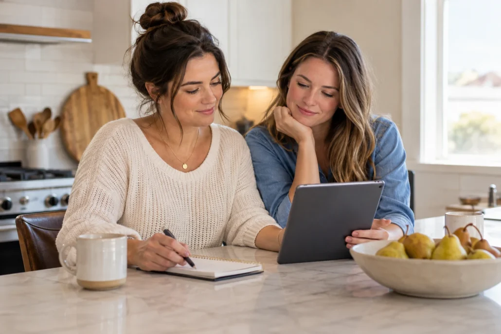 Two women reviews a household notebook and tablet at their kitchen island.