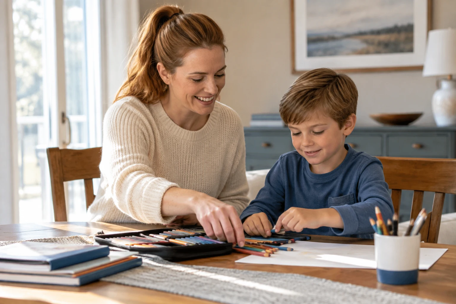 A mother helps her son arrange drawing supplies at the dining table.
