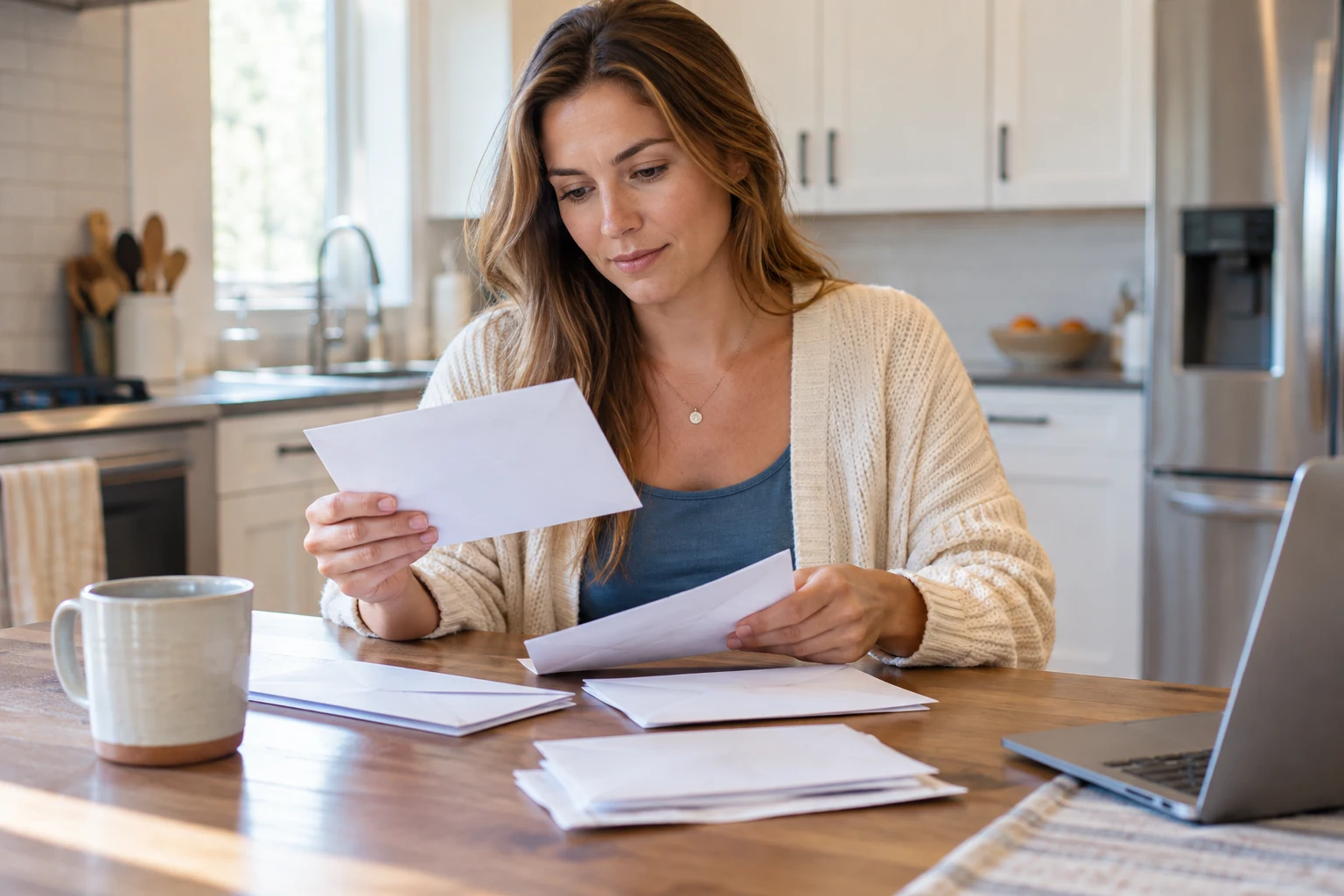 A woman sorts insurance envelopes at her bright kitchen table.