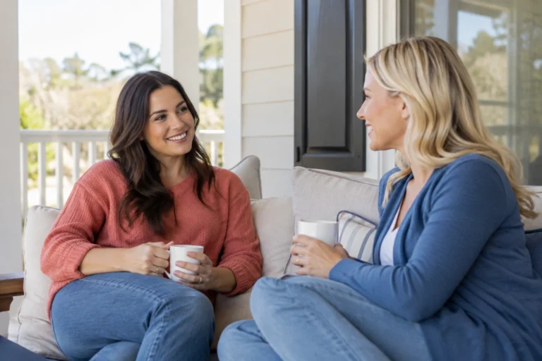 Two women have a thoughtful conversation on a bright covered porch.