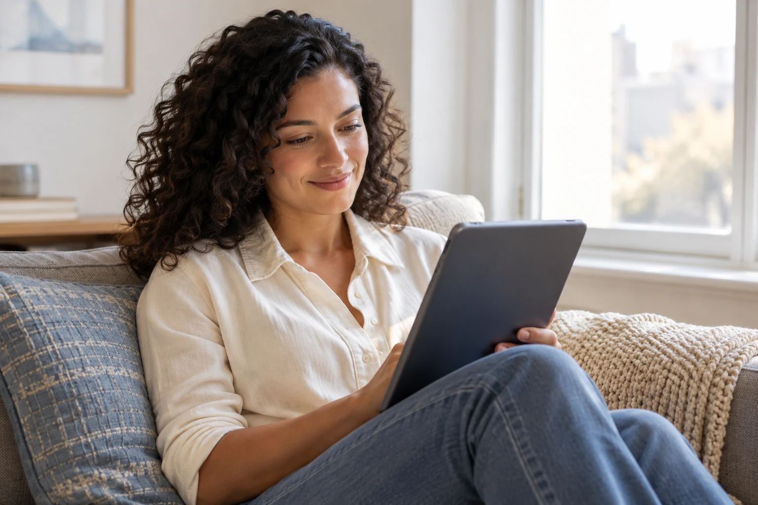 A woman reads on a tablet while seated near a bright home window.
