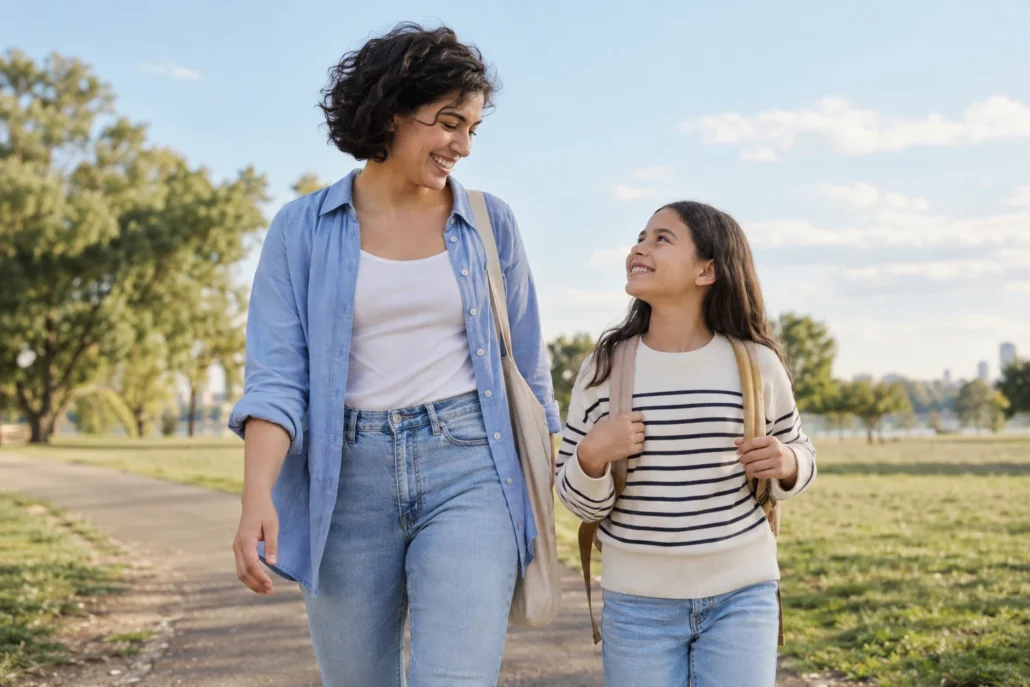 A mother and her school-age daughter walk together along an open park path.