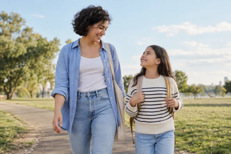 A mother and her school-age daughter walk together along an open park path.