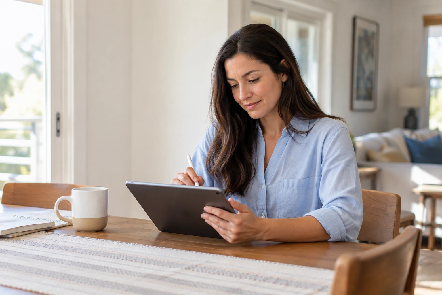 A woman completes a form on a tablet at her dining table.