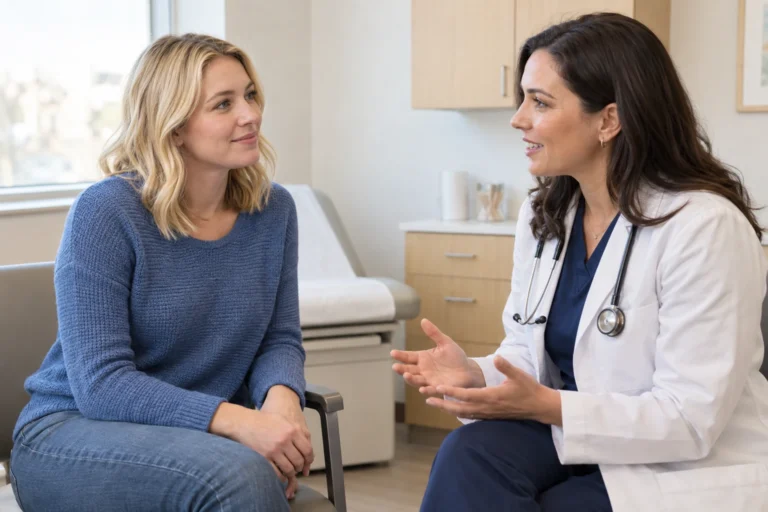 A woman and physician talk at equal eye level in a welcoming examination room.
