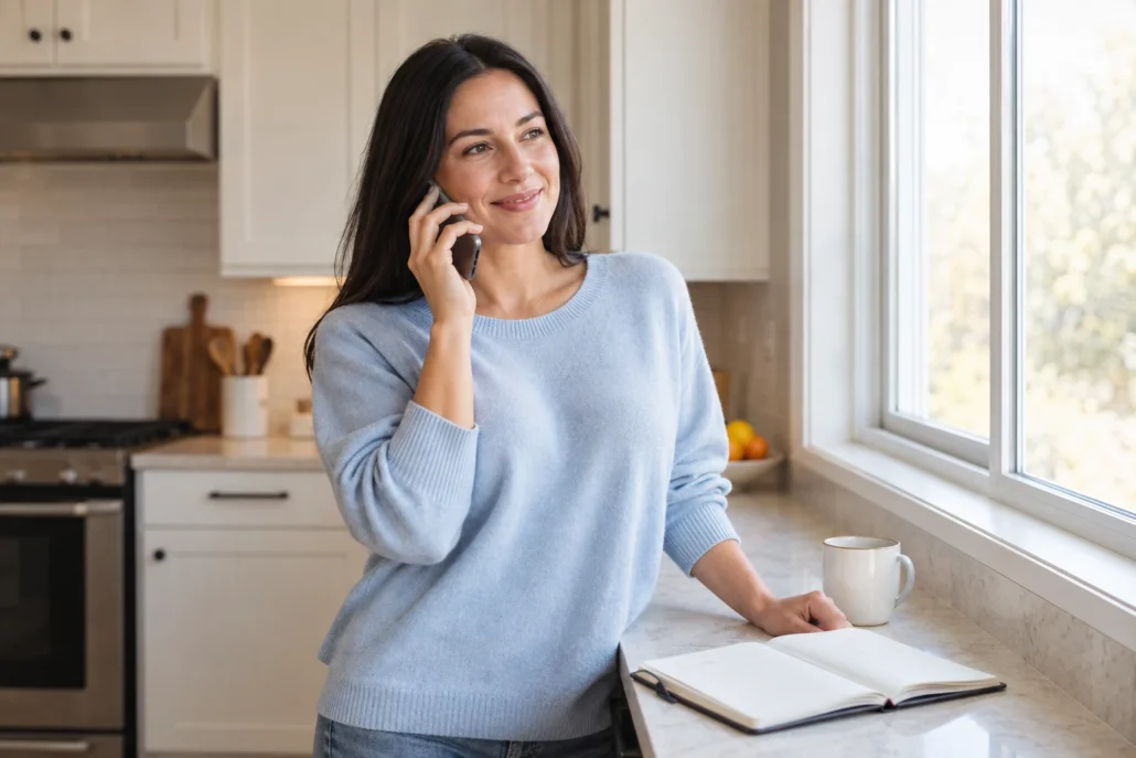 A woman talks by phone near her kitchen window with a planner on the counter.