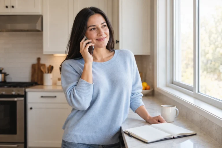 A woman talks by phone near her kitchen window with a planner on the counter.