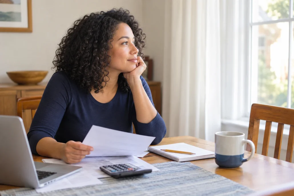 A woman considers her household budget at a dining table near a window.
