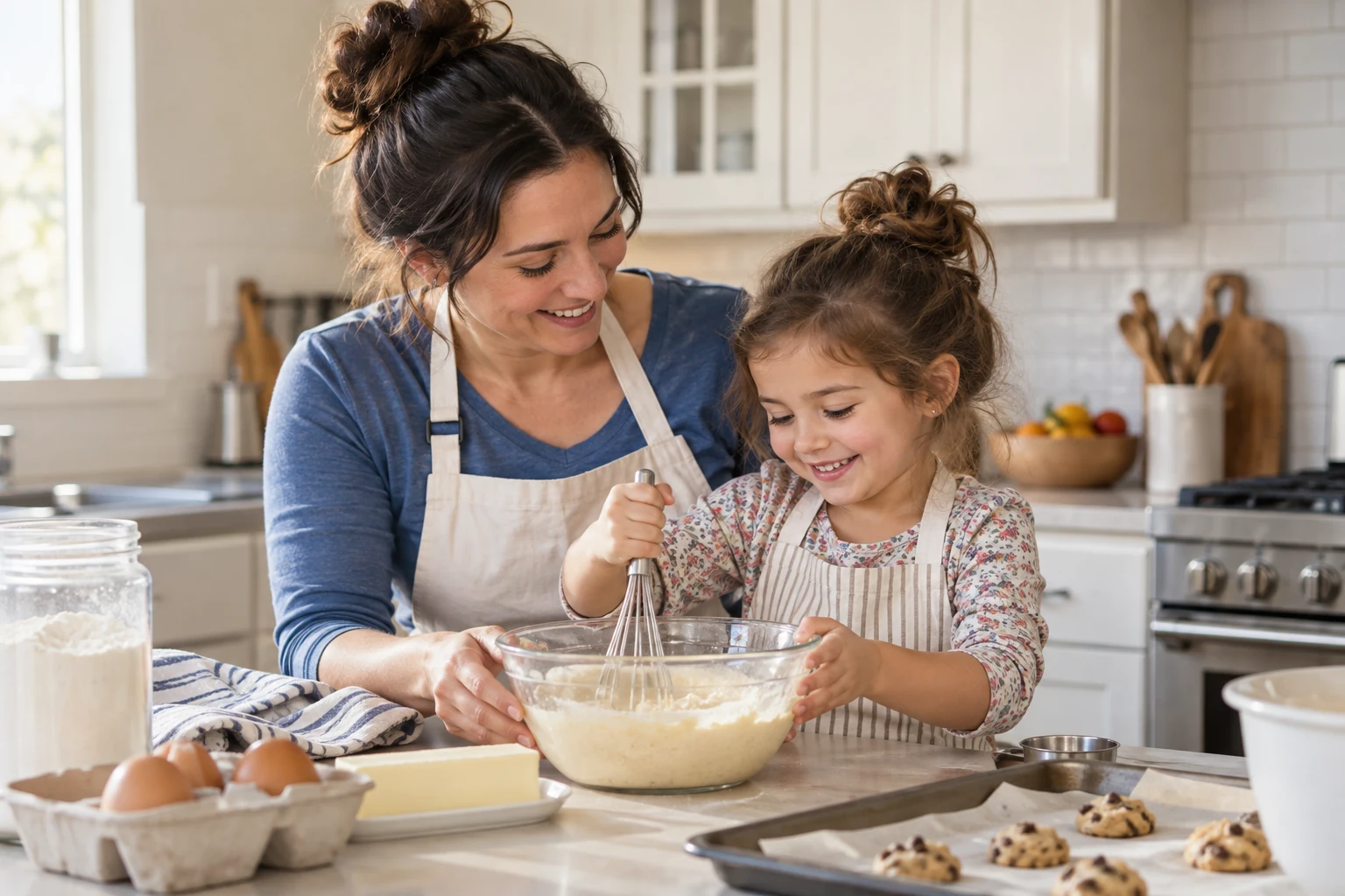 A mother and daughter bake together at their kitchen counter.