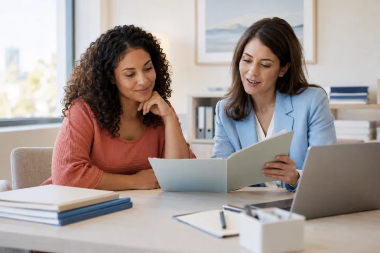 A woman and insurance professional review a folder together at an office desk.