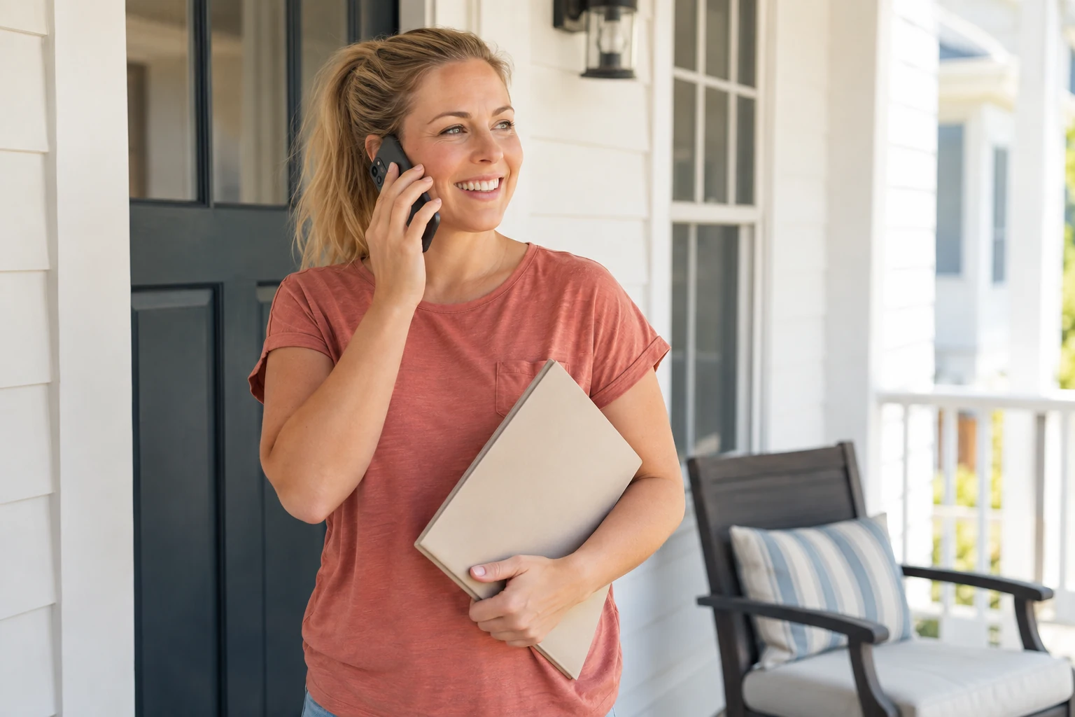 A woman speaks by phone on a covered porch while holding a folder.