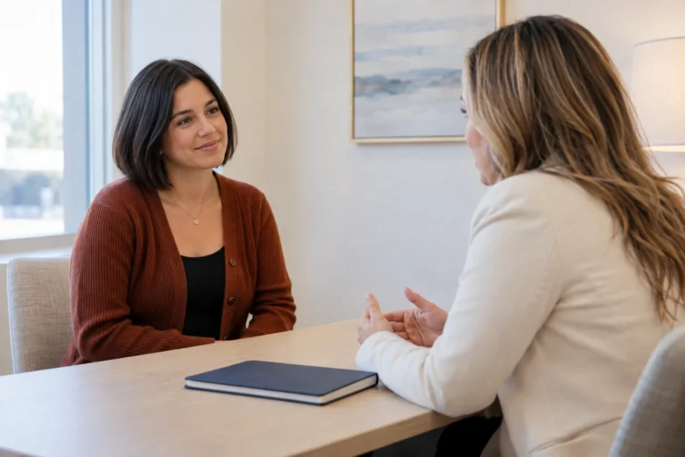 Two women discuss legal paperwork in a bright consultation room.