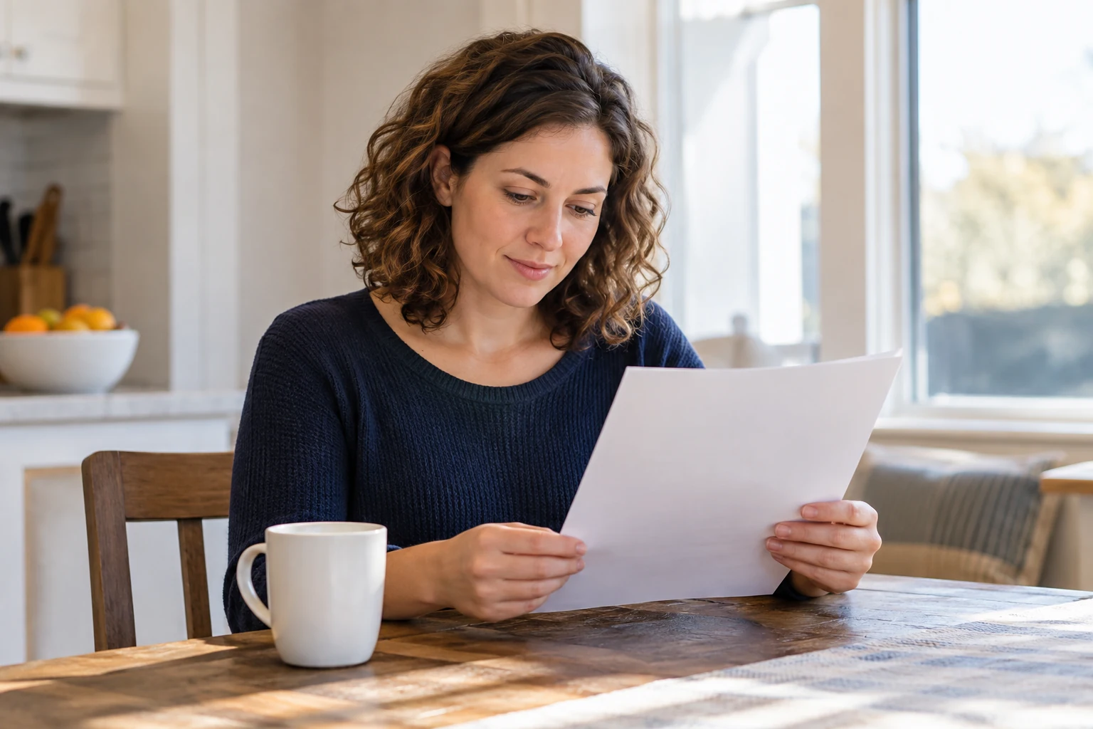 A woman reads a document at her breakfast table beside a window.