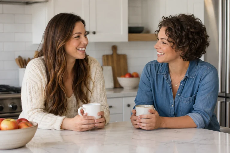 Two women chat over mugs at a bright kitchen island.