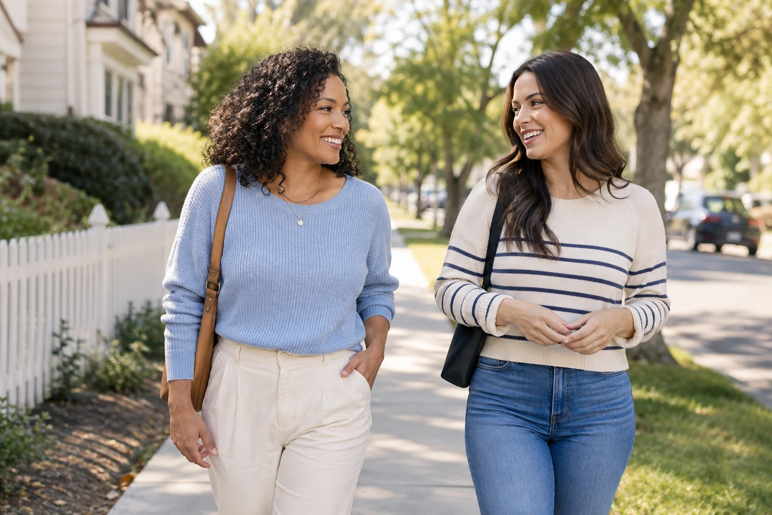 Two women walk and talk along an open neighborhood sidewalk.