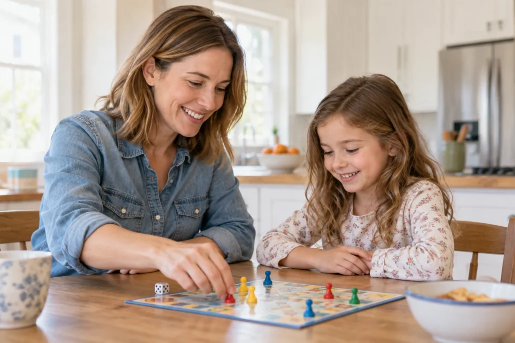 A mother and daughter play a board game together at the kitchen table.